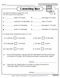 Converting Time (Days, Years, Decades, and Centuries) Worksheet