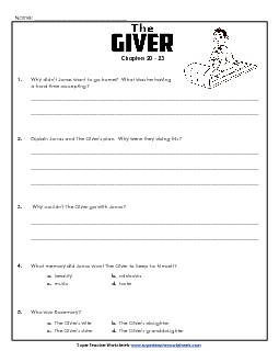 Questions for Chapters 20-23 Book The Giver Worksheet