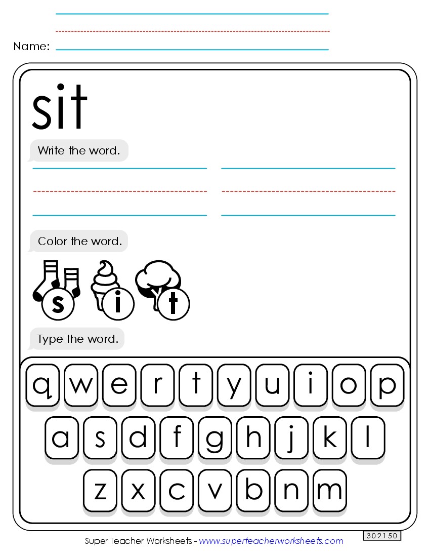 Write, Color, Type: Sit Sight Words Individual Worksheet