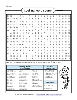 Word Search (E-28) Spelling E Worksheet