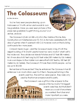 The Colosseum Free 4th Grade Reading Comprehension Worksheet