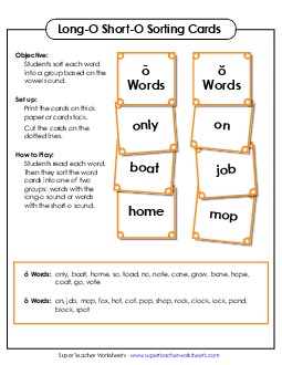 Word Card Sort 1: Long O, Short O Phonics Long Short O Worksheet