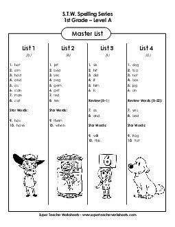 Master Lists (Grade 1 Spelling) Spelling A Worksheet