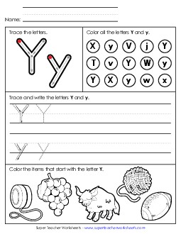 Tracing, Writing, and Recognizing Letter Y Alphabet Worksheet