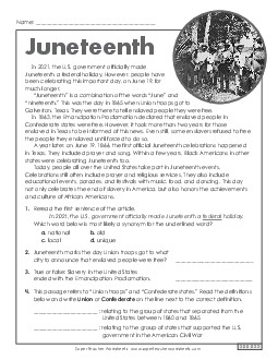 Juneteenth Reading Comprehension Reading Comp Short Worksheet