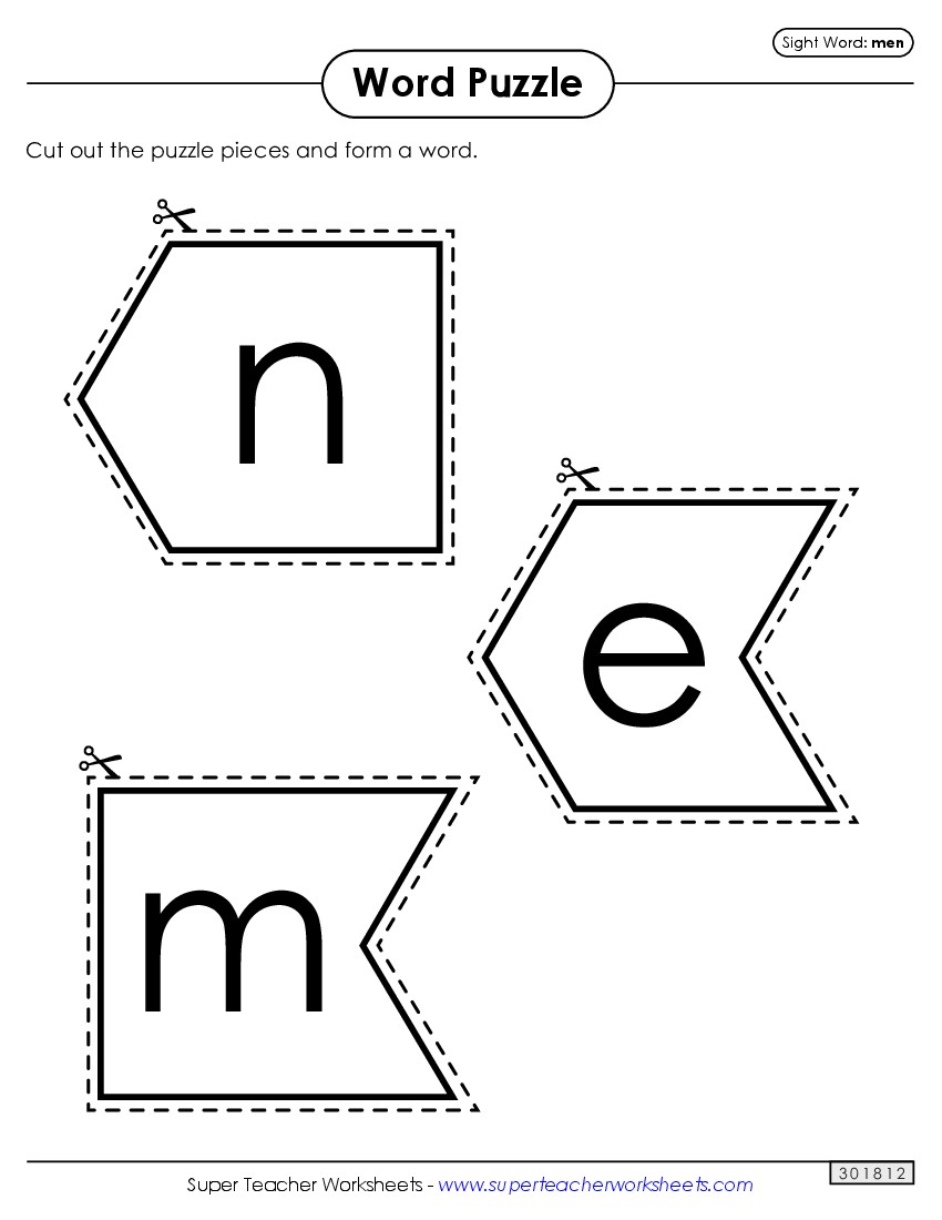 Word Puzzle: Men Sight Words Individual Worksheet