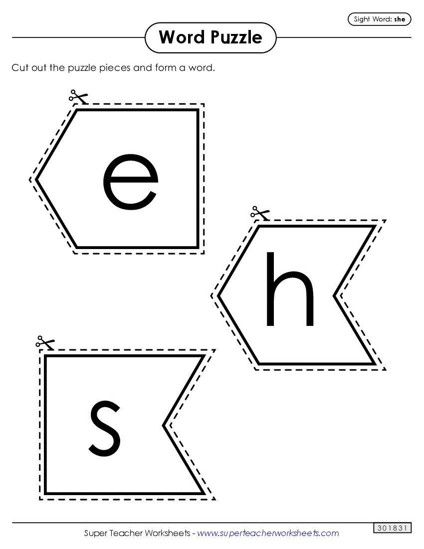 Word Puzzle: She Sight Words Individual Worksheet