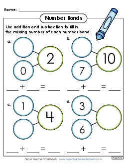 Horizontal Number Bonds with Equations Number Families Worksheet