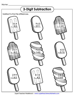 3 - Digit Subtraction Popsicles Summer Worksheet