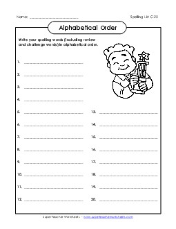 ABC Order: Write List (C-20) Spelling C Worksheet