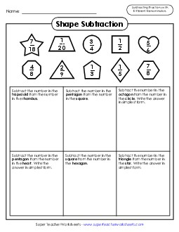 Shape Subtraction Different Denominators Fractions Worksheet