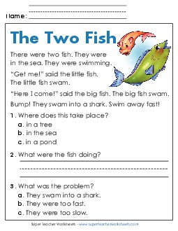 The Two Fish Reading Comprehension Reading Comp Kindergarten Worksheet