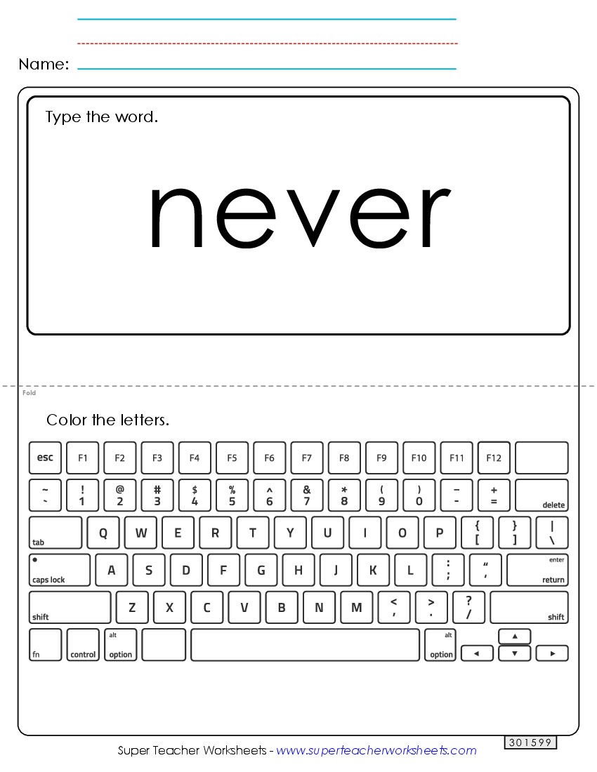 Type the Word: Never Sight Words Individual Worksheet