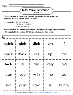 Make Sentences: Word Cards (-ick) Word Families Worksheet