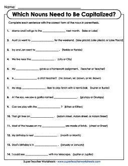 Proper Nouns: Which Nouns Need to Be Capitalized? Worksheet