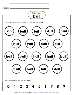 Dab or Color: Ball Sight Words Individual Worksheet