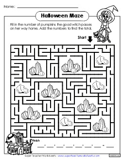 Addition Maze (Hard) Halloween Worksheet