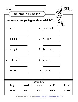 Unscramble (A-13) Spelling A Worksheet