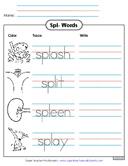 Trace and Write (Spl- Words) Phonics Blends Worksheet