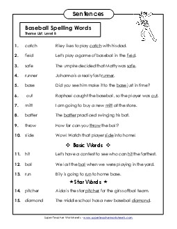 Spelling Test Sentences (B-Baseball) Spelling B Worksheet