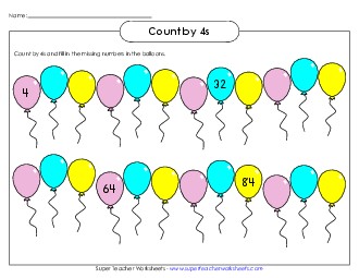 Balloons: Count by 4s Counting Worksheet