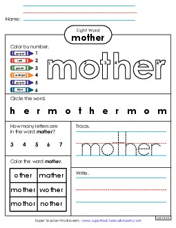 Worksheet 4: Mother Sight Words Individual Worksheet