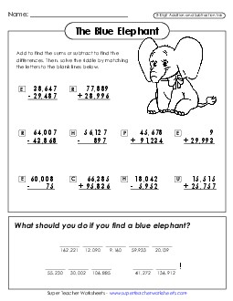 Blue Elephant (Add/Subtract; 5 Digit) Addition Worksheet