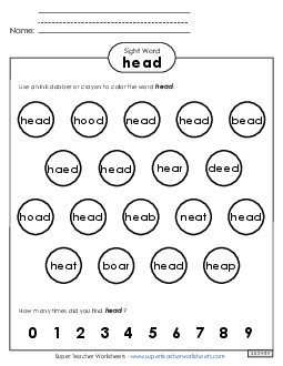 Dab or Color: Head Sight Words Individual Worksheet