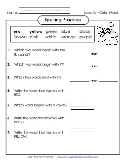 Spelling Practice (A-Color Words) Spelling A Worksheet