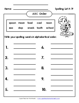 ABC Order: Write List (A-19) Spelling A Worksheet