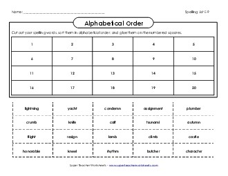 ABC Order: Cut & Glue (E-9) Spelling E Worksheet