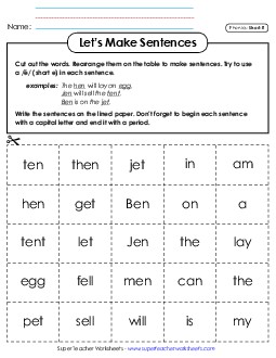 Let\'s Make Sentences: Short E Words Phonics Long Short E Worksheet