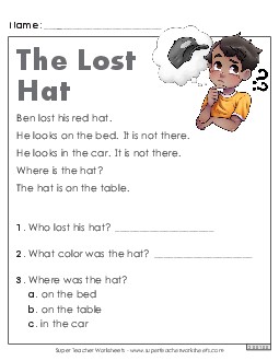 The Lost Hat Kindergarten Reading Comprehension Reading Comp Kindergarten Worksheet