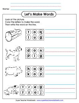 Color the Letters & Write (-og) Word Families Worksheet