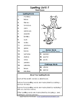 Spelling List (E-7) Spelling E Worksheet