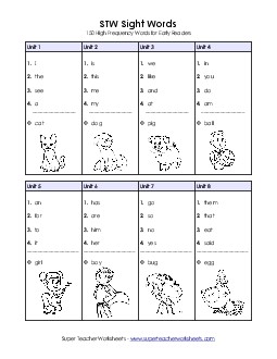 Full Sight Words List (Units 1 through 30) Worksheet