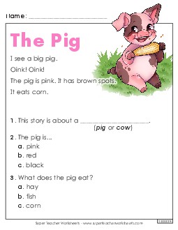 The Pig Kindergarten Reading Comprehension Reading Comp Kindergarten Worksheet