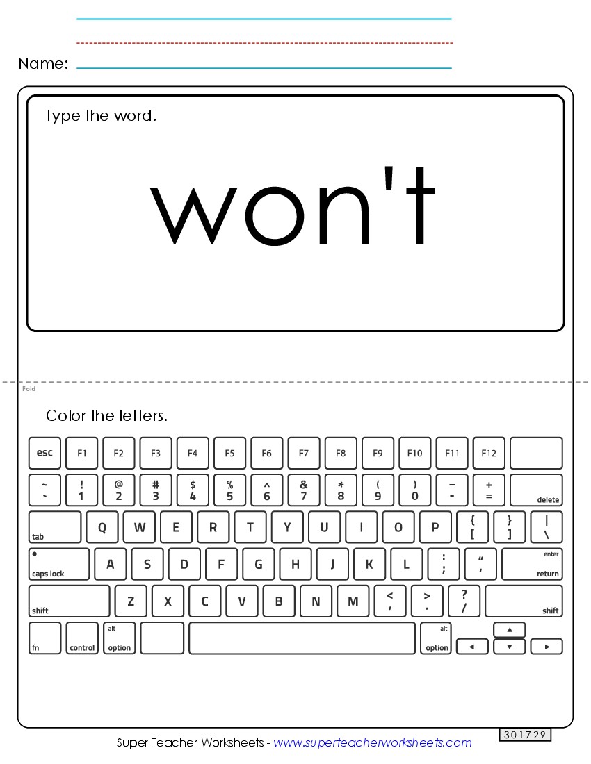 Type the Word: Won\'t Sight Words Individual Worksheet