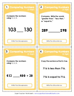 Comparing Numbers Task Cards 2nd Grade Math Worksheet