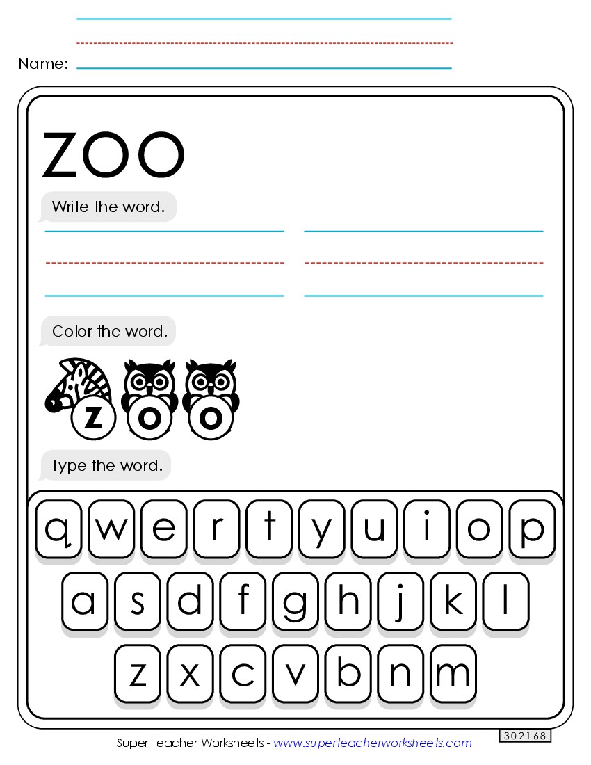 Write, Color, Type: Zoo Sight Words Individual Worksheet