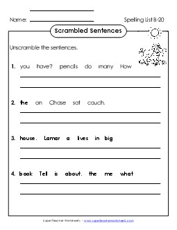 Scrambled Sentences (B-20) Spelling B Worksheet