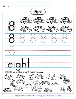 Eight: Trace, Print, Write Counting Worksheet