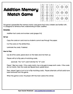 Addition Memory Match Game Worksheet