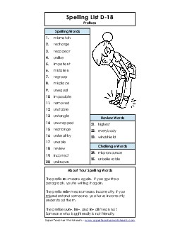 Spelling List D-18 Spelling D Worksheet