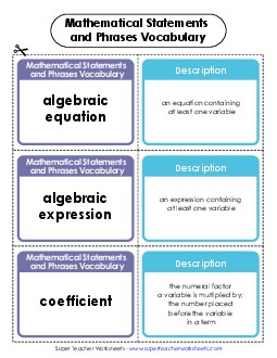 New Math Statements and Phrases Vocab Cards Worksheet