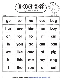 Sight Word Bingo (Unit 7) Sight Words Worksheet