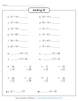 Adding 10 (Horizontal and Vertical) Addition Worksheet