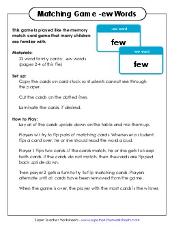 Memory Match Game (-ew) Free Word Families Worksheet