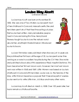 Louisa May Alcott 5th Grade Reading Comprehension Worksheet