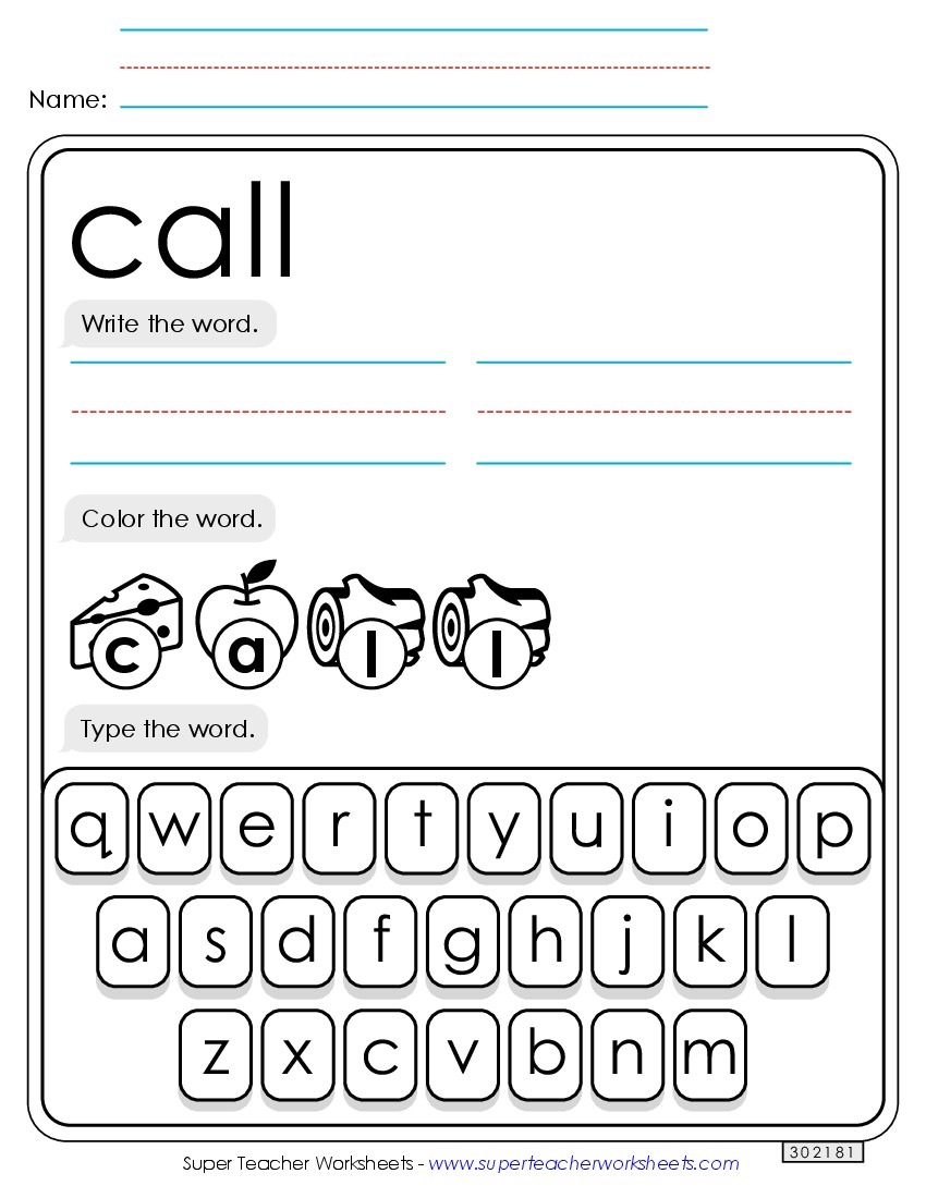 Write, Color, Type: Call Sight Words Individual Worksheet